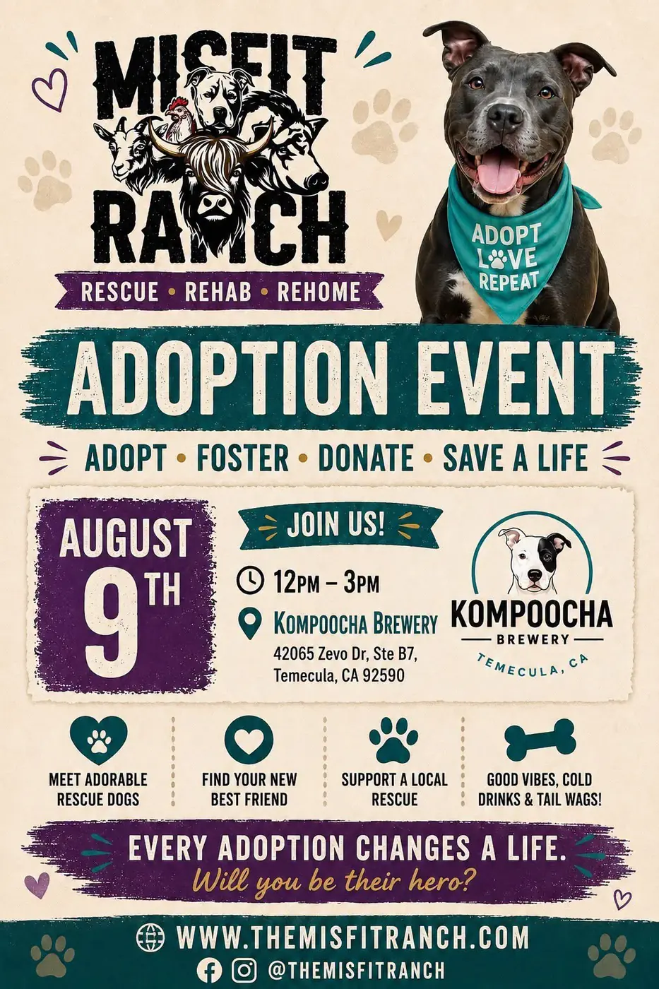 Adoption Event flyer for August 9 at Kompoocha Brewery in Temecula
