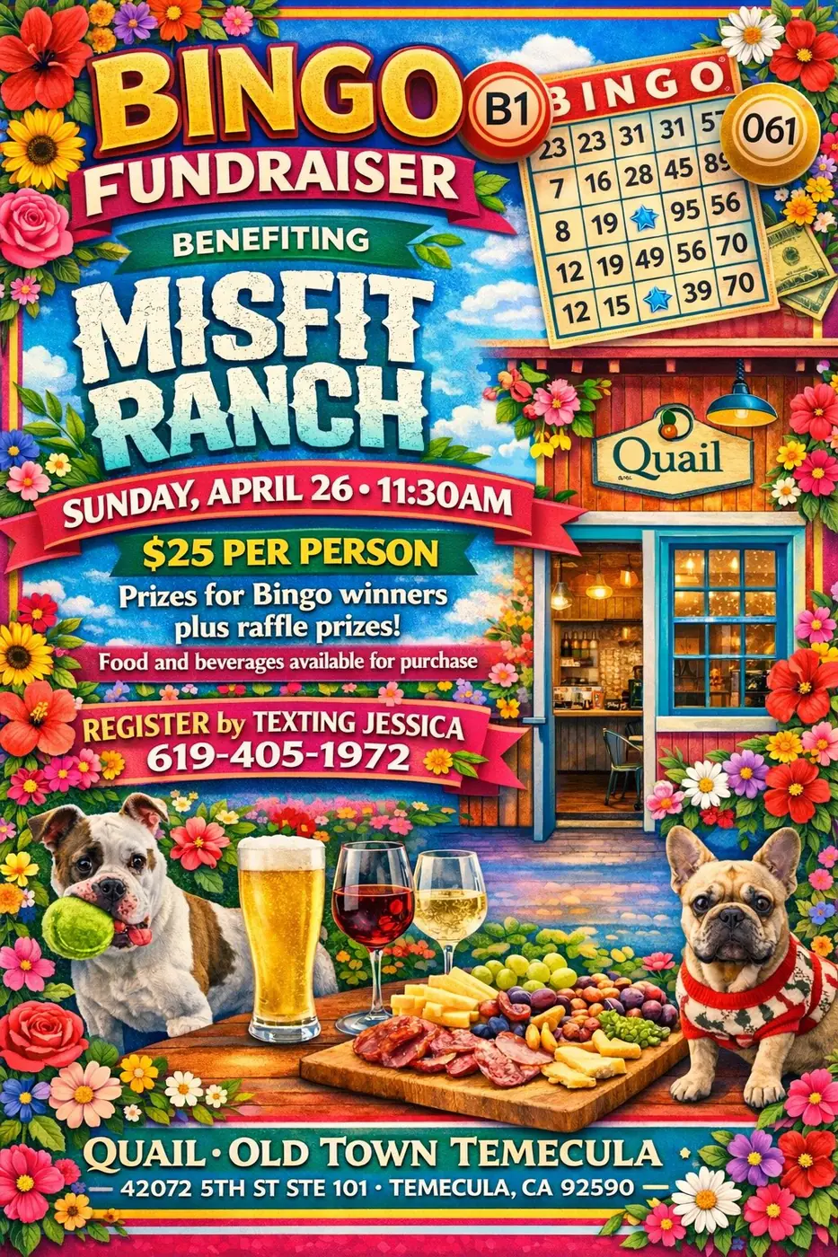 Bingo Fundraiser flyer benefiting Misfit Ranch