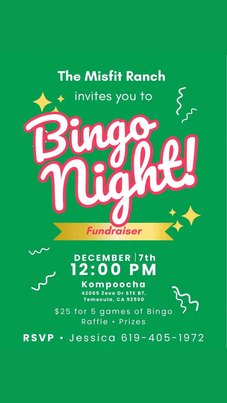 Bingo Night Fundraiser flyer for December 7 at Kompoocha Brewery in Temecula