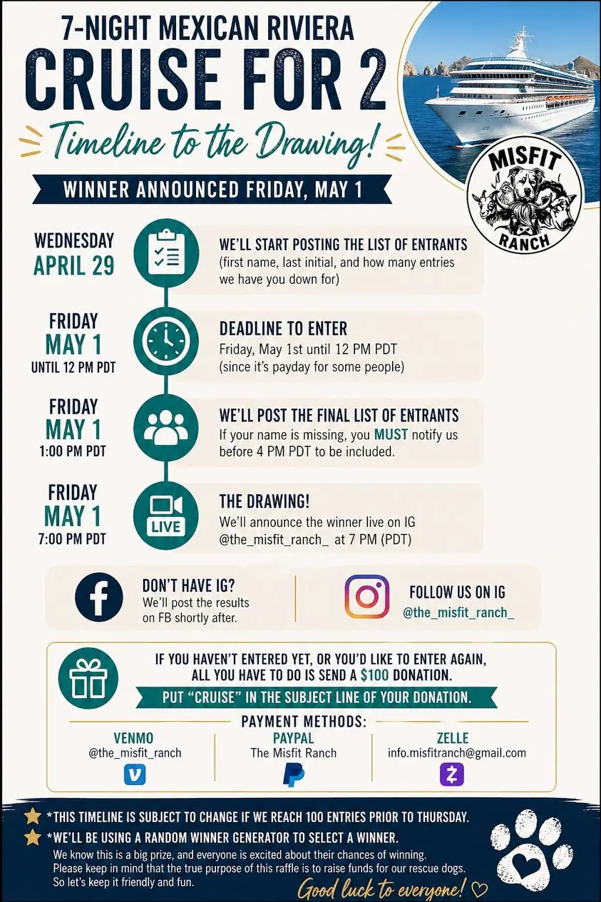 Cruise for 2 raffle drawing timeline flyer