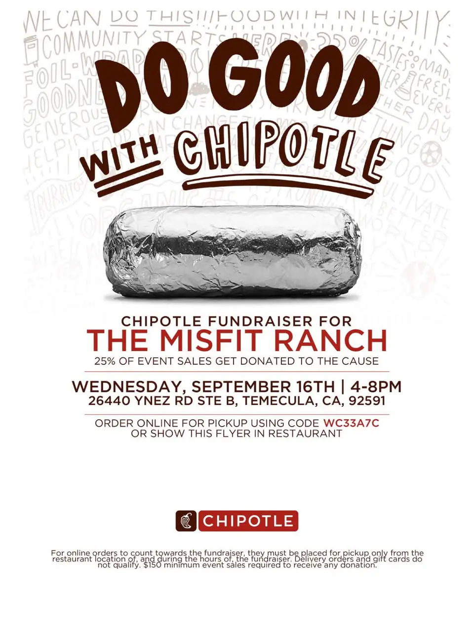 Do Good with Chipotle fundraiser flyer for The Misfit Ranch, September 16 at Chipotle on Ynez Rd in Temecula