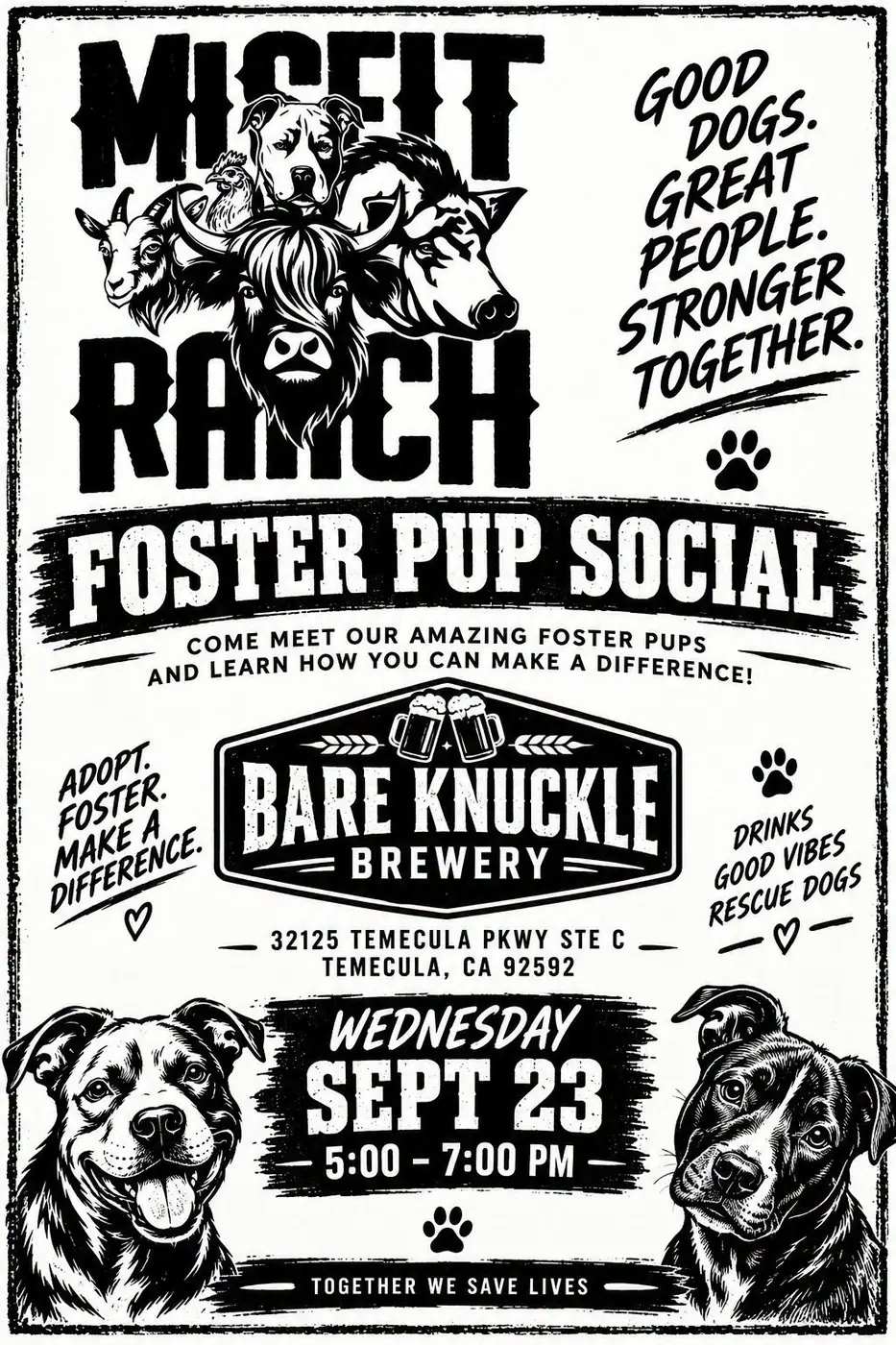 Foster Pup Social flyer for September 23 at Bare Knuckle Brewery in Temecula