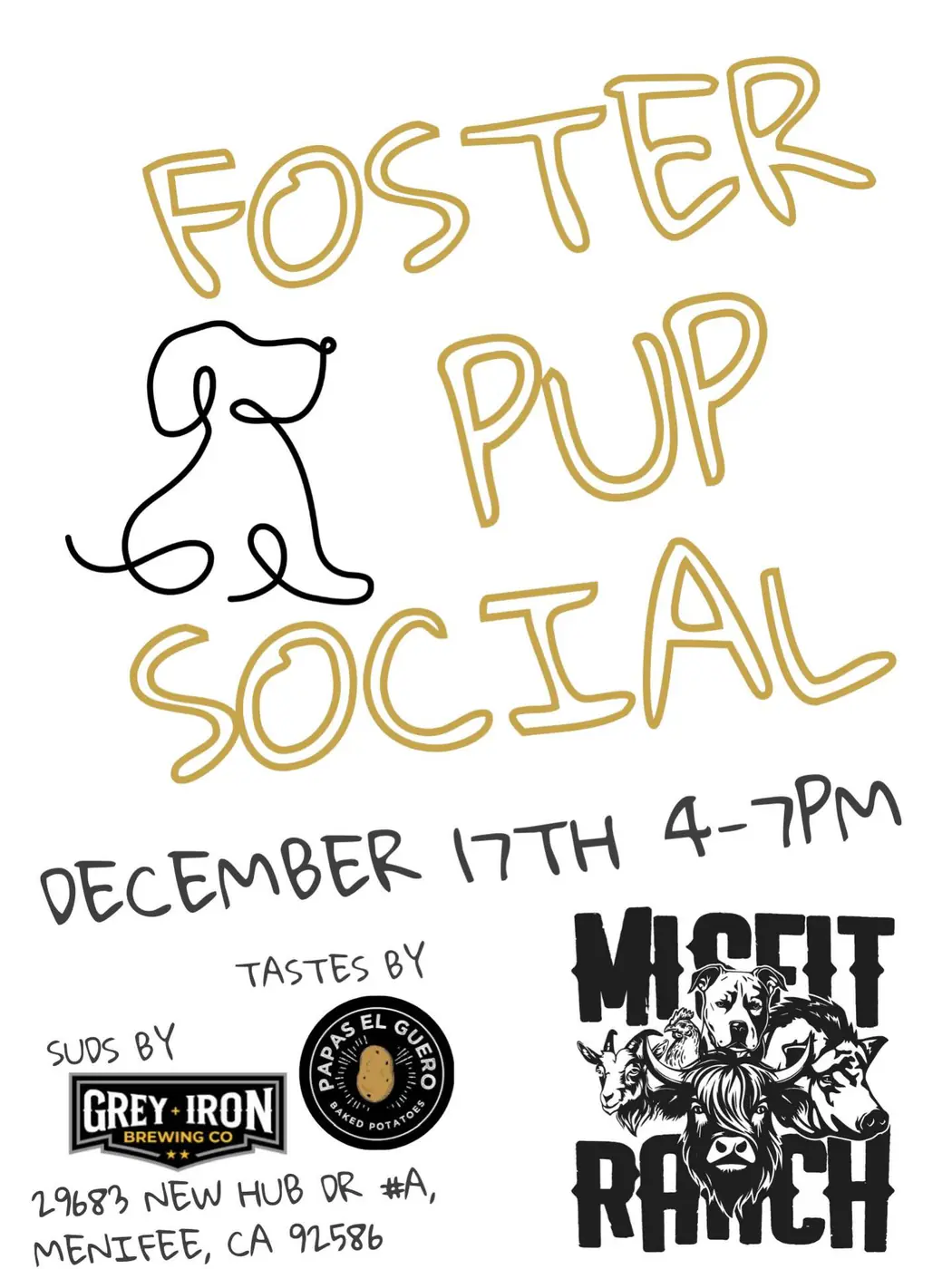 Foster Pup Social flyer for December 17 at Grey Iron Brewing Co in Menifee