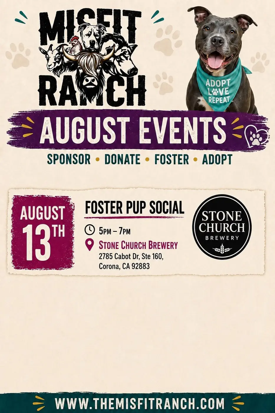 Foster Pup Social flyer for Stone Church Brewery in Corona, August 13, 2026