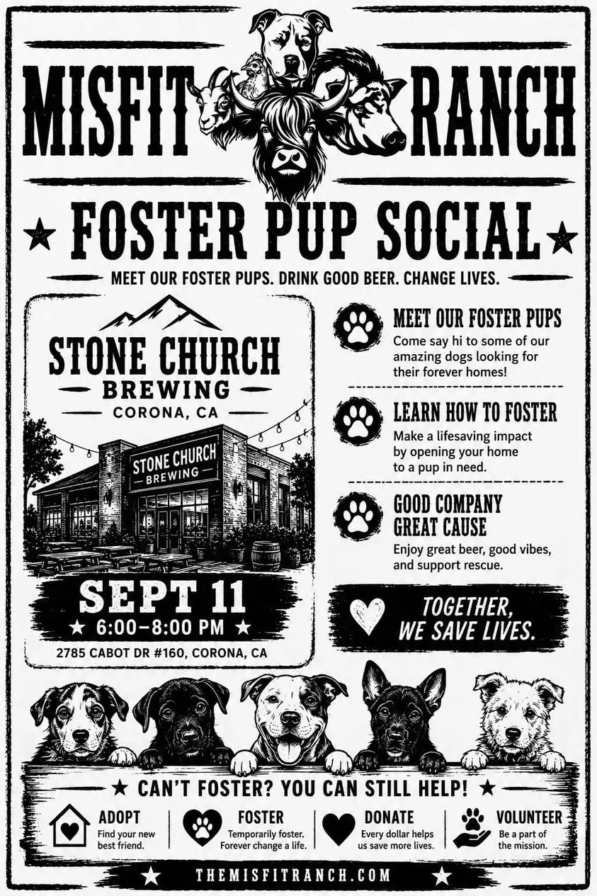 Foster Pup Social flyer for September 11 at Stone Church Brewing in Corona
