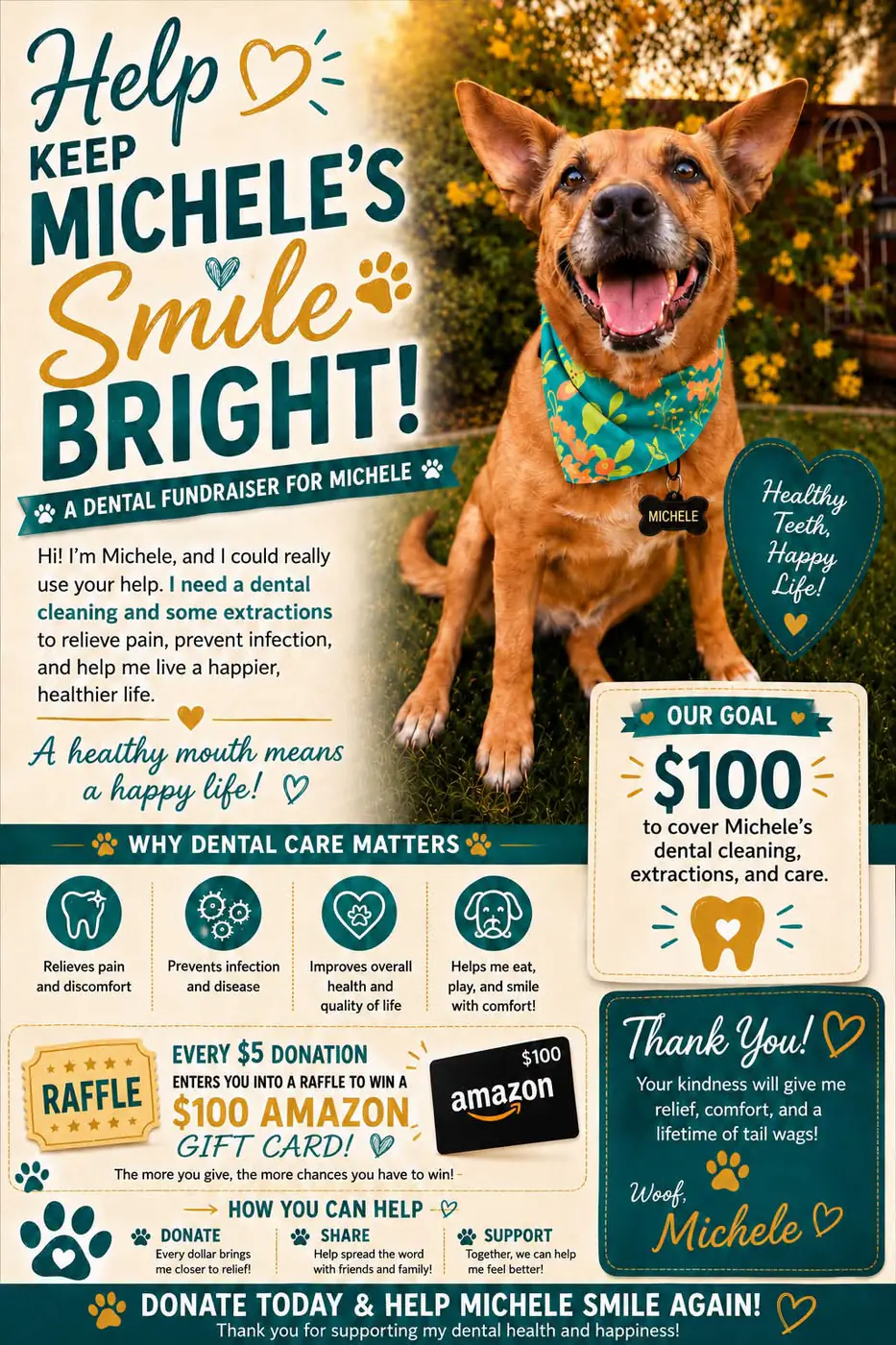 Help Keep Michele's Smile Bright dental fundraiser raffle flyer