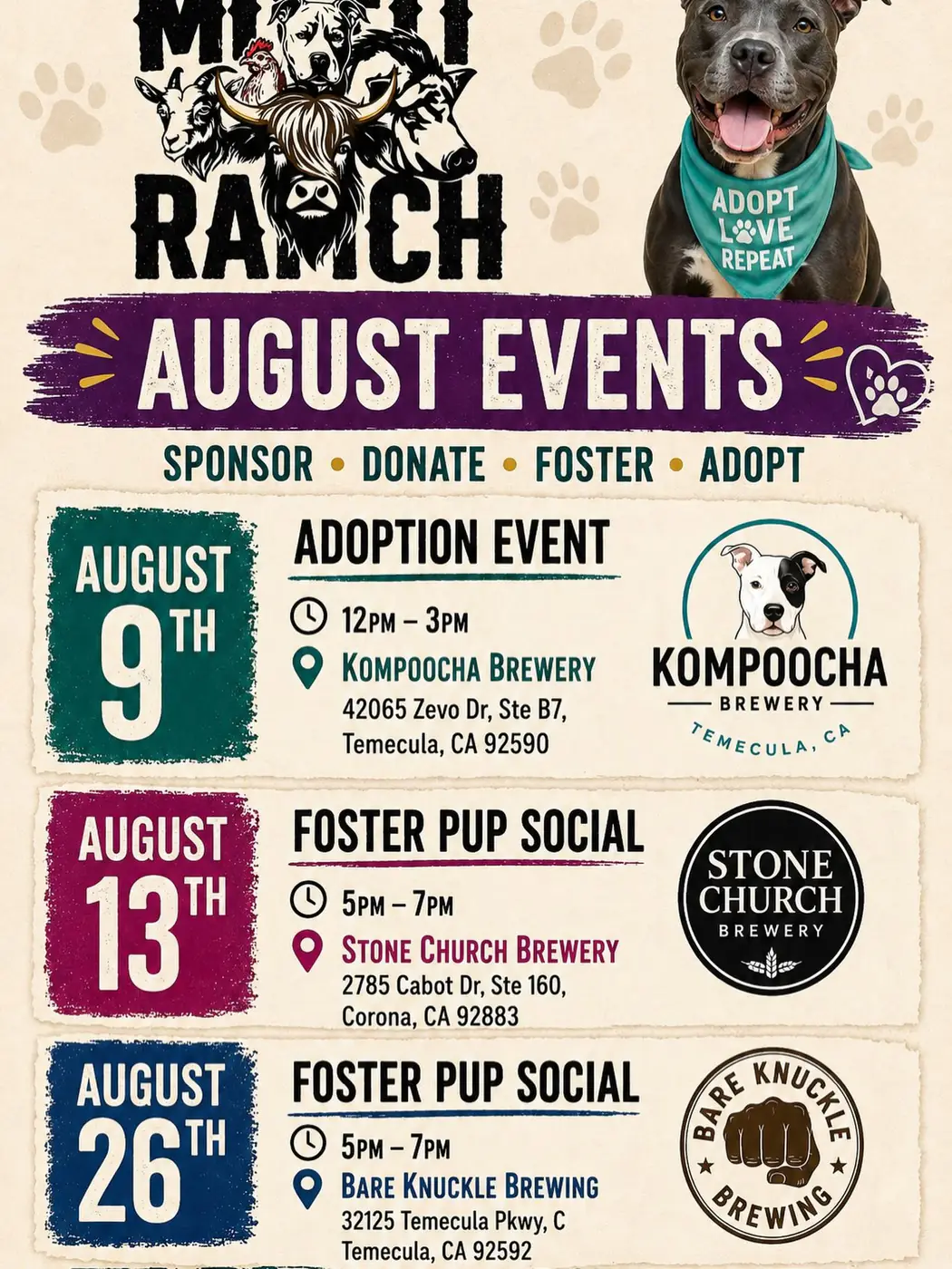 August 2026 events flyer featuring the Foster Pup Social at Bare Knuckle Brewing