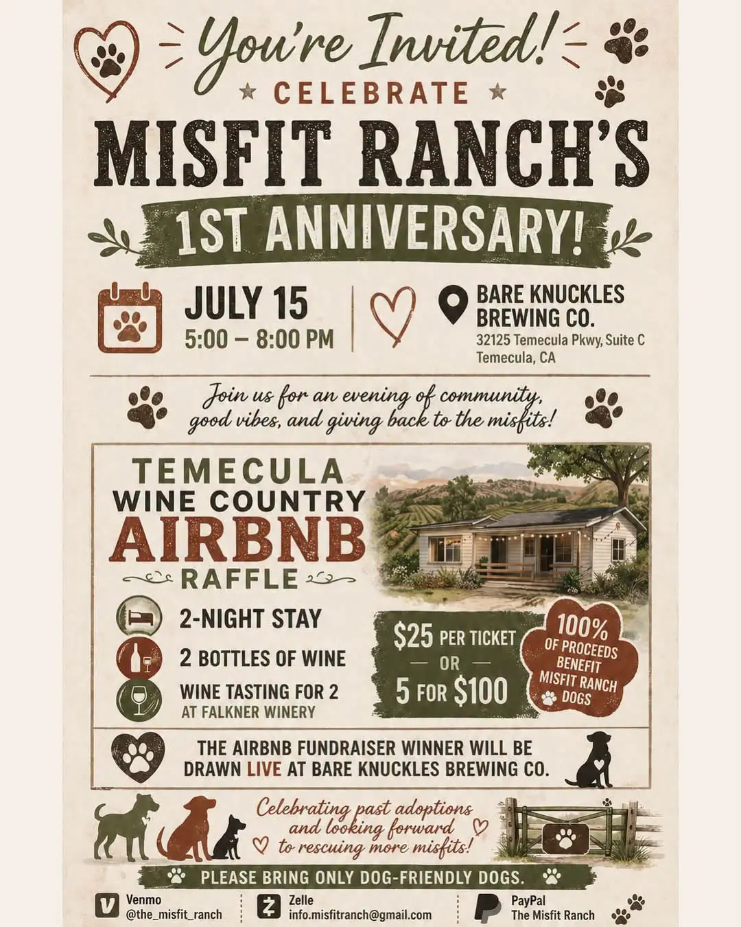 Misfit Ranch's 1st Anniversary Celebration flyer for July 15 at Bare Knuckle Brewing