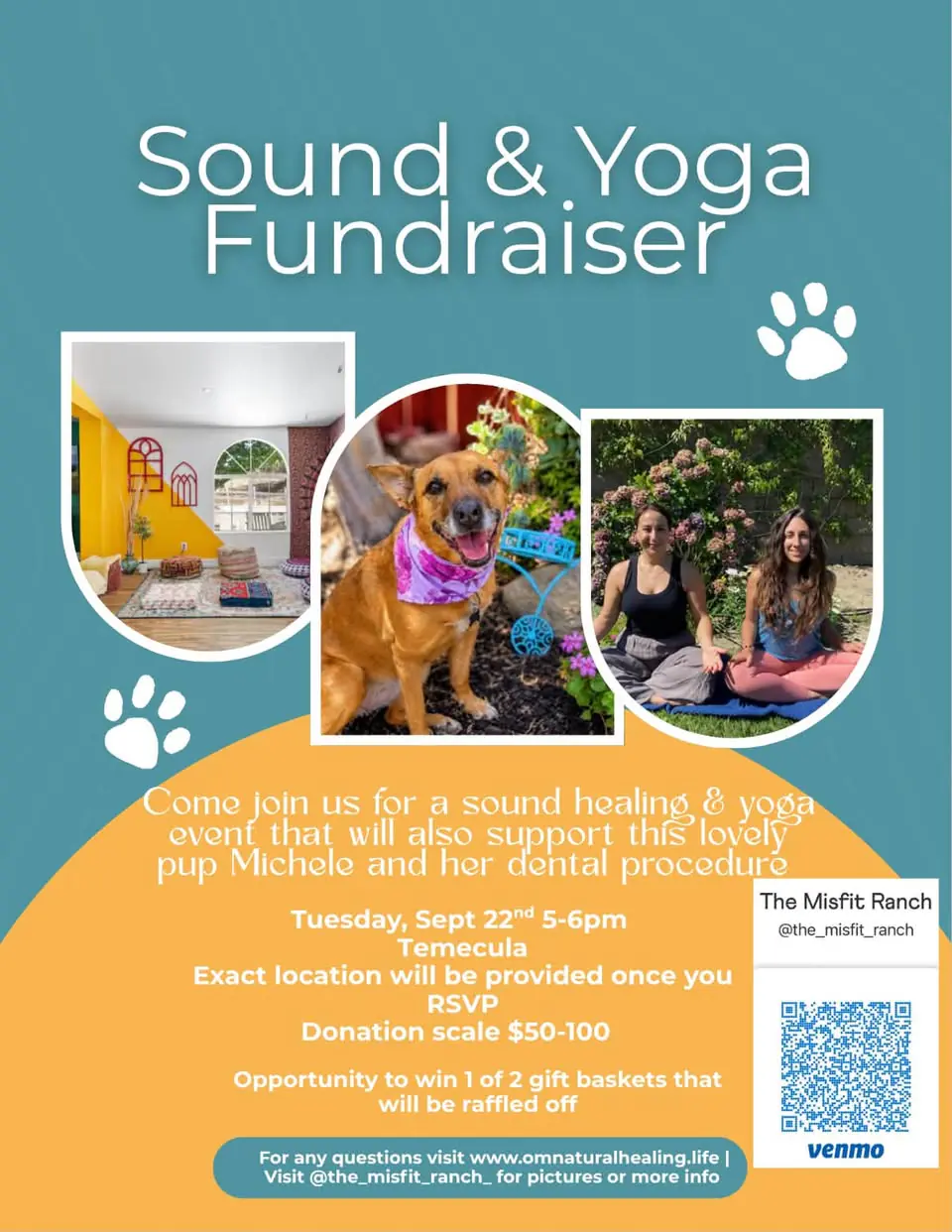 Sound & Yoga Fundraiser flyer for September 22 in Temecula, supporting Michele's dental procedure